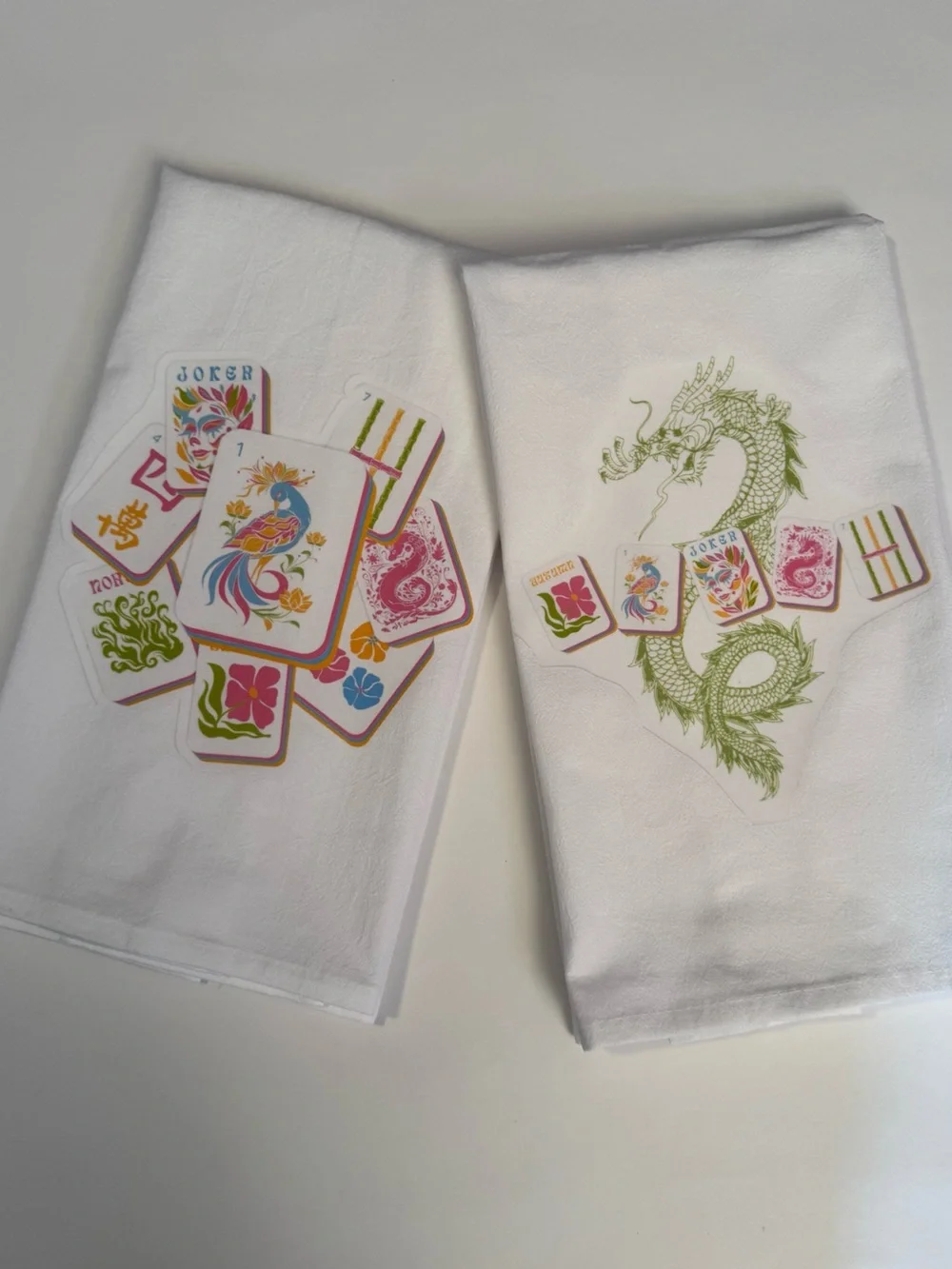 Mahjong White Tea Towels with Colorful Mahjong Tile and Green Dragon Prints